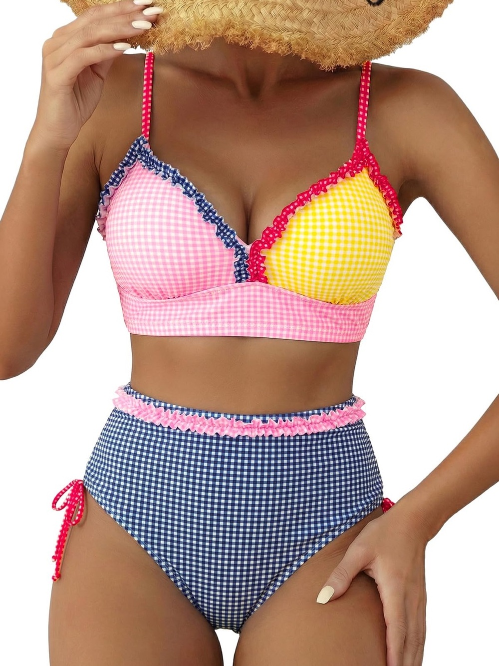 Gingham Colorblock High-Waist Bikini Set in Pink, Yellow & Navy